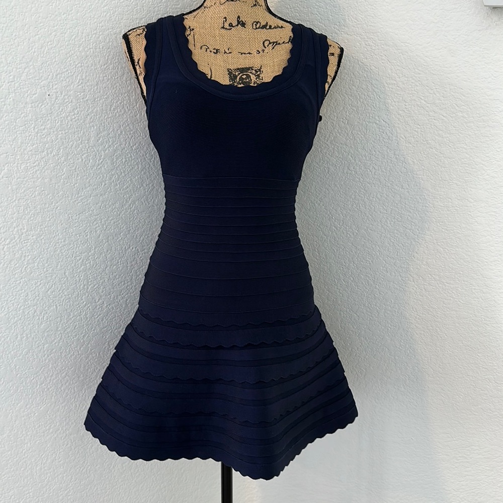 Herve Leger Jules Scalloped Bandage Mini Dress Blue XS